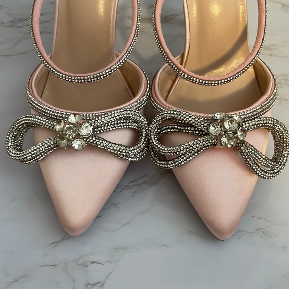 Baby Pink Bow Rhinestones Mules Heels